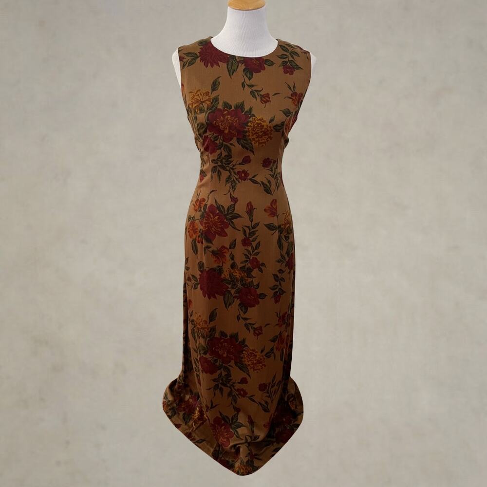 Vintage 90s Karin Stevens Rayon Floral Maxi Dress Brown 10 NWT